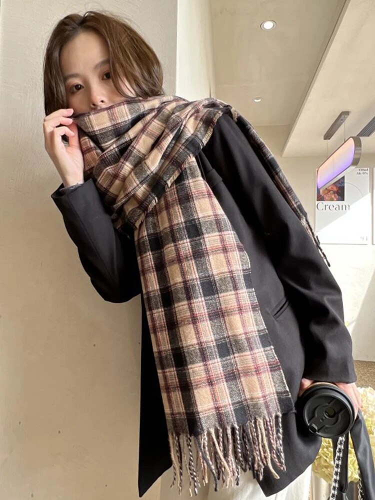 maoxiangshop New Imitation Cashmere Women Scarf Winter Preppy Style Vintage Plaid Scarve Pashmina Mujer Foulard Blanket Wrap Shawl Pareo