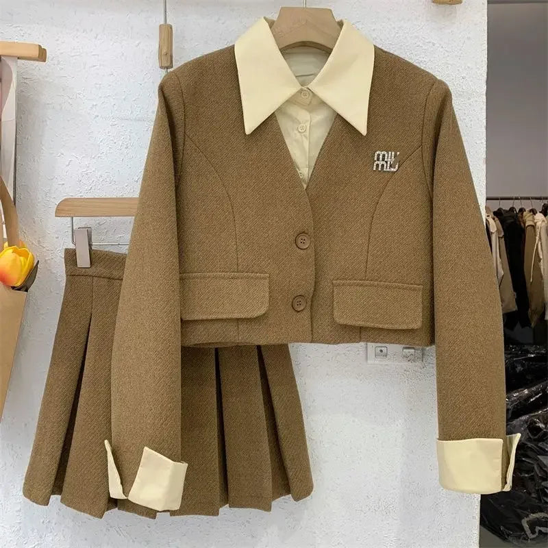 maoxiangshop  -  Winter New High end Shirt Splicing Fake Two piece Short Coat+Pleated Short Skirt Set Korean Fashion Two piece Set Women Outfits