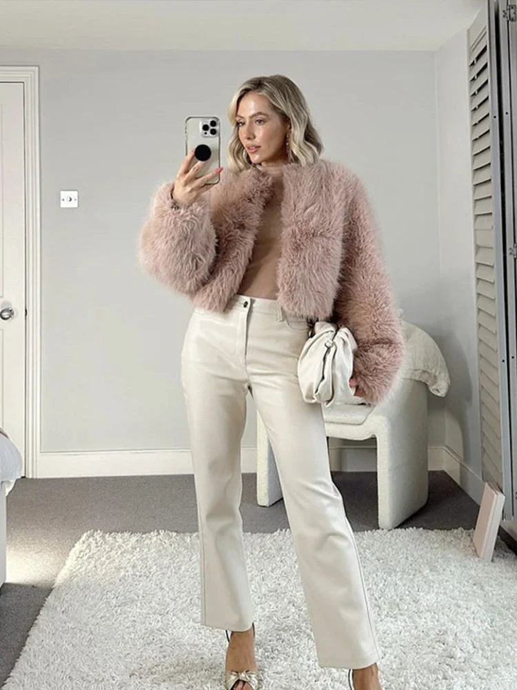 maoxiangshop  -  Short Faux Fur Coats Women Plush Autumn Winter O-neck Open Stitch Loose Women's Coat Long Sleeve Casual Jacket Female Streetwear