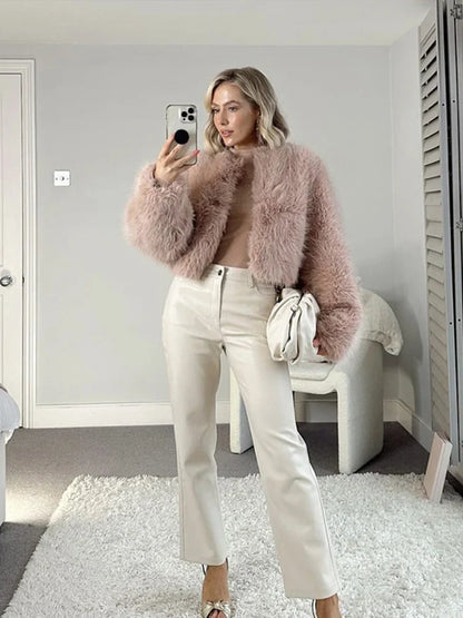 maoxiangshop  -  Short Faux Fur Coats Women Plush Autumn Winter O-neck Open Stitch Loose Women's Coat Long Sleeve Casual Jacket Female Streetwear