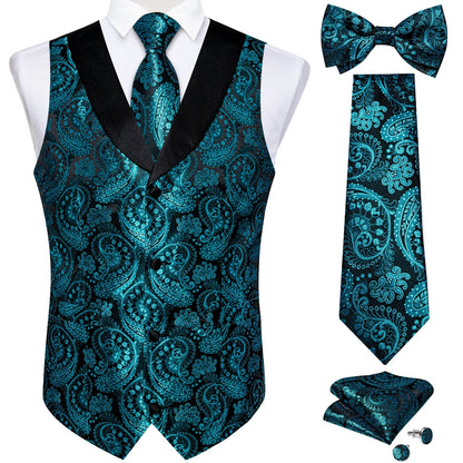 maoxiangshop Brand Suit Vest Set For Men Luxury Silk Black Gold Paisley Dress Vest Tie Cufflinks Handkerchief Set Male Sleeveless Waistcoat