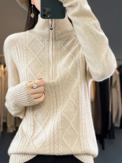 maoxiangshop 100% Merino Wool Women's Turtleneck Sweater Autumn Winter Casual Knit Loose Top Fashion Zipper Half Open Neck Cashmere Pullover