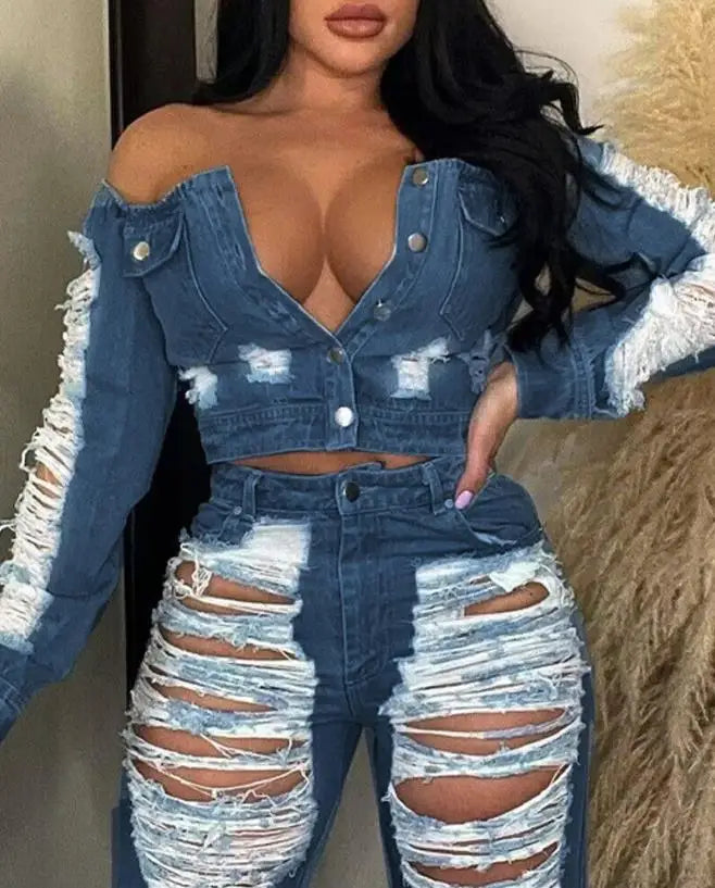 maoxiangshop Sexy Womens Outfit High Waist Pocket Design Ripped Jeans Pants Autumn Summer Spring New Fashion Casual