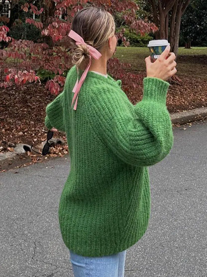 maoxiangshop -  Green Crew Neck Crochet Cardigan For Women Long Sleeve Single Breasted Warm Sweater Autumn Loose Fashion Commute Knitwear