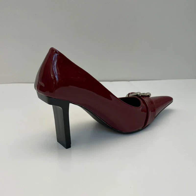 maoxiangshop  -  Patent Leather Sexy High Heels Women Metal Buckle Pointed Designer Pumps Female 2024 Fall Fashions Elegant Office Women Shoes