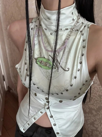 maoxiangshop  -  Rivet Button Printed Vest for Women American Retro Fashion Street Slim T-shirt Summer Sexy Hot Girl Y2k Crop Top Gothic Clothes