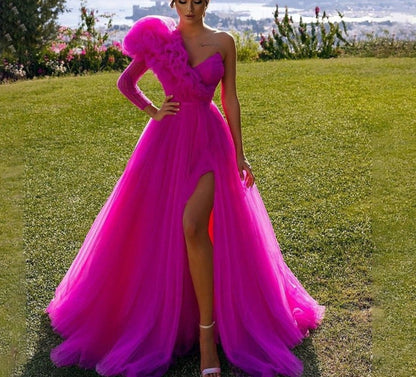 maoxiangshop Evening Dress Vestidos De Fiesta One Sleeve Puff robes de soirée Leg Slit prom dresses A Line Party Dress abendkleider