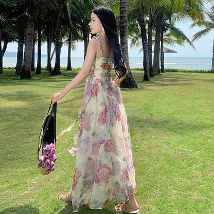 maoxiangshop  Summer Chiffon Beach Maxi Dress Women Fashion Print Floral Backless Bandage Slip Dress Elegant Evening Party Fairy Dresses