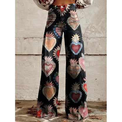 maoxiangshop  -  Trendy Retro Plus Size 3D Print Pants Women Autumn New Fashion Casual Comfortable Imitation Jeans Wide Leg Baggy Jeans Y2k Pants