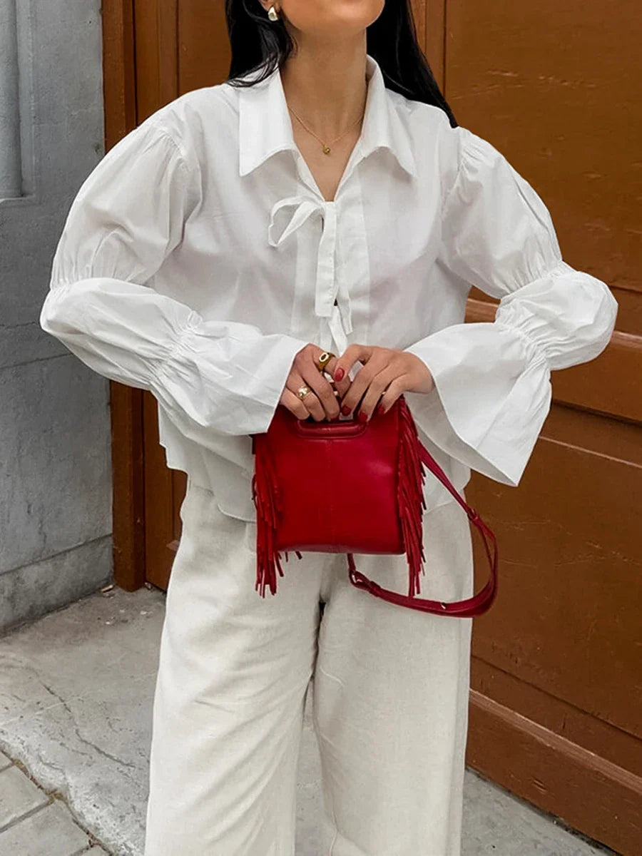 maoxiangshop  -  White Elegant Blouse Women Autumn New Chic Turndown Collar Lantern Sleeve Blouses Casual Fashion Lace-up Office Lady Shirts 2024