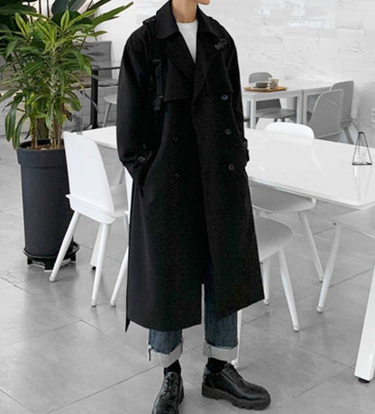 maoxiangshop men's clothing Korean trend windbreaker mid long loose clothes handsome male's Autumn casual trench coat with belt new