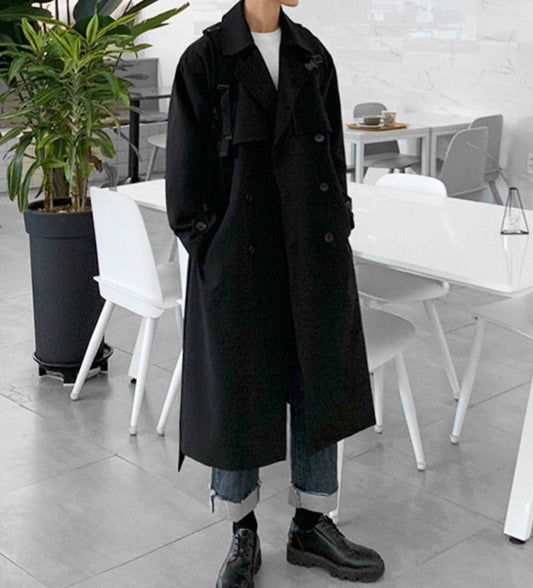 maoxiangshop men's clothing Korean trend windbreaker mid long loose clothes handsome male's Autumn casual trench coat with belt new