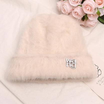 maoxiangshop New Fashion Rabbit Fur Y2k Beanies for Women Soft Warm Fluffy Angola Winter Hat Female Windproof Bonnet Hat Skullies Cap