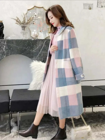 maoxiangshop popular plaid coat winter women's new Korean version imitation mink coat medium long lapel woolen coat