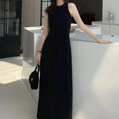 French Sleeveless Tank Dress Women Fashion Elegant Chic Slim A Line Long Dress Summer Vacation All Match Casual Solid Vestidos