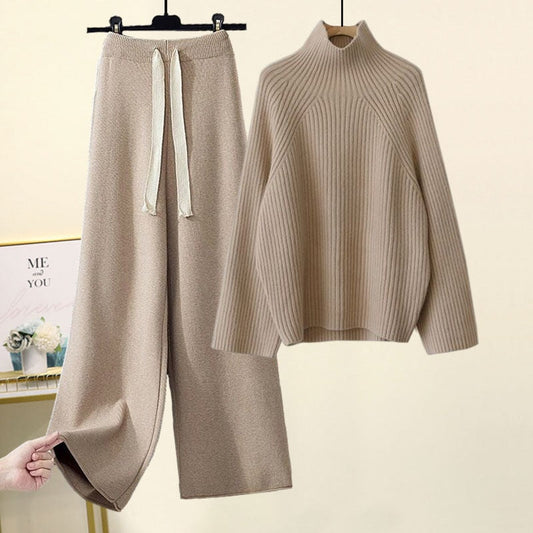 maoxiangshop Autumn Winter Warm Knitted Suit Women Long Sleeve Half Turtleneck Knitting Sweater And Wide Leg Pants Sets Outer Wear Loose Set