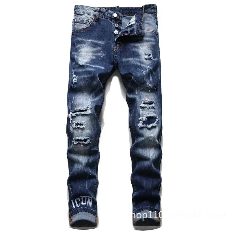 maoxiangshop Men Blue Denim Jeans Skinny Holes Jeans Italian Style Stretch Denim Pants High Quality Male Slim Fit Denim Trousers Size 42