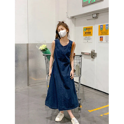 Denim Midi Dress Women Hollow Out A Line Dresses Streetwear Sleeveless Backless Sundress Korean Lace Up Casual Vestidos