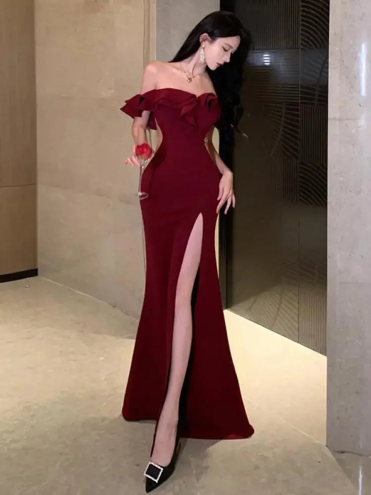 maoxiangshop DRESS TO IMPRESS Women's Sexy Backless High Split Ruffles Wrapped Hip Dress, Elegant Luxury Off Shoulder Party Evening Dresses, Red, Summer