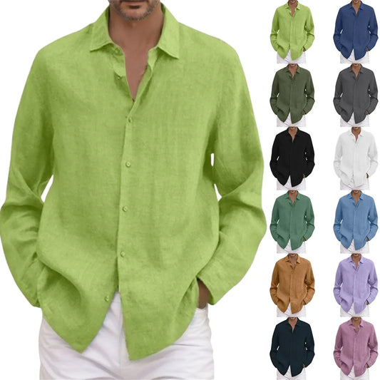 maoxiangshop Spring Men Causal Linen Shirts Fashion Business Office Loose Lapel Long Sleeve Tops Beach Vintage Solid Color Button Clothing