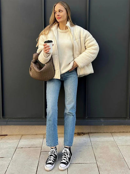 maoxiangshop  -  Knitting Cotton Print Down Short Jackets Women Thickening Solid Zipper Stand Collar Jacket Female Winter Chic Windproof Outwear