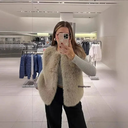 maoxiangshop  -  Casual Faux Fur Plush Vests Women Loose Round Neck Sleeveless Waistcoats Female 2024 Autumn Winter Fashion Solid Outwears Lady