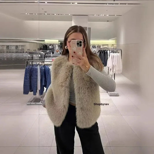 maoxiangshop  -  Casual Faux Fur Plush Vests Women Loose Round Neck Sleeveless Waistcoats Female 2024 Autumn Winter Fashion Solid Outwears Lady