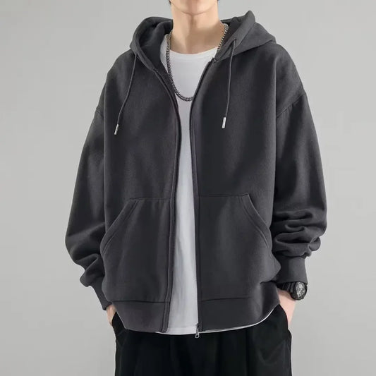 maoxiangshop American Heavyweight Basic Solid Color Cardigan Sweatshirt Men's Tide Loose Large Size Men's Hooded Sweatshirt Jacket 5xl