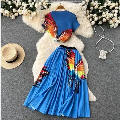 Vintage Elegant Floral Print Stretchy Pullovers Top + Pleated Midi Long Skirts Suit Women Casual Streetwear 2 Pcs Sets Outfits