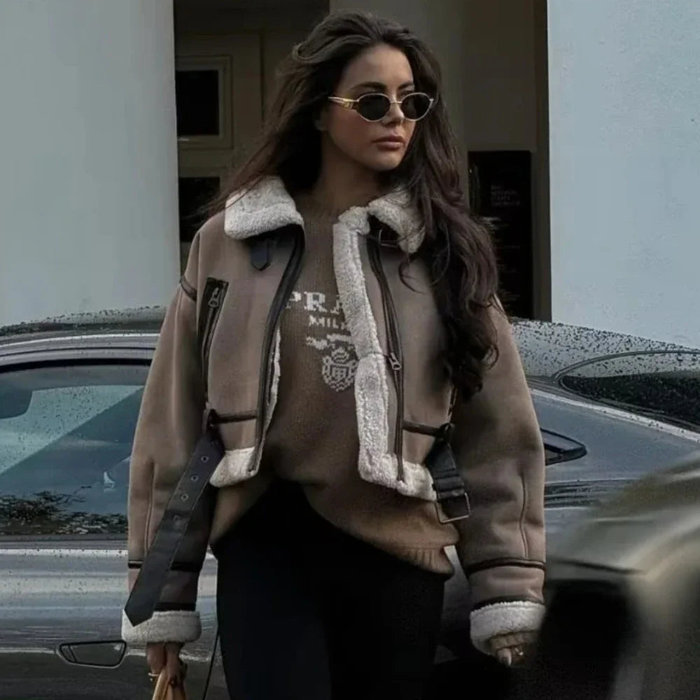 maoxiangshop  -  Women Warm Faux Shearling Jacket Coat Lapel Bomber Jacket with Belt Metal Zip Thick Jacket Winter Female Outerwear