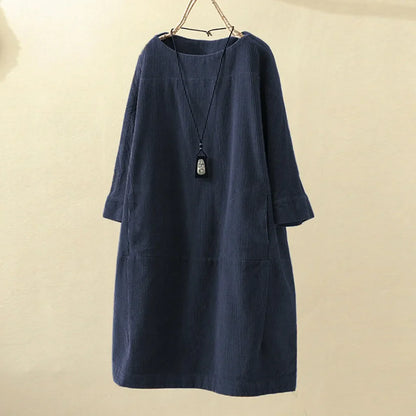 maoxiangshop Women Vintage Pockets Corduroy Solid Color Long Sleeve Loose Casual Dress vestido feminino party dresses Women's dress