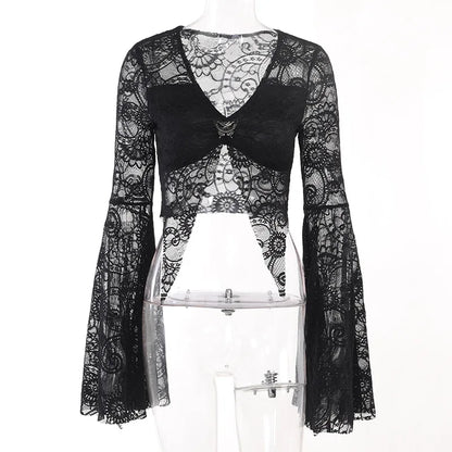 maoxiangshop Dark Lace See Through Mall Gothic Women T-shirts Emo Sexy Grunge Aesthetic Flare Sleeve Crop Tops Y2k Black V-neck Alt Tees