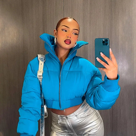 maoxiangshop  -  Autumn Winter Cotton Coat Women's High Collar Zipper Long Sleeve Short Cotton Jacket Street Loose Thickened Warm Jacket