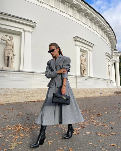 maoxiangshop  -  2024 Autumn New Grey Pleated Skirt Set For Women Solid Lapel Collar Blazers High Waist Skirts 2 Pieces Set Lady Party Club Suit