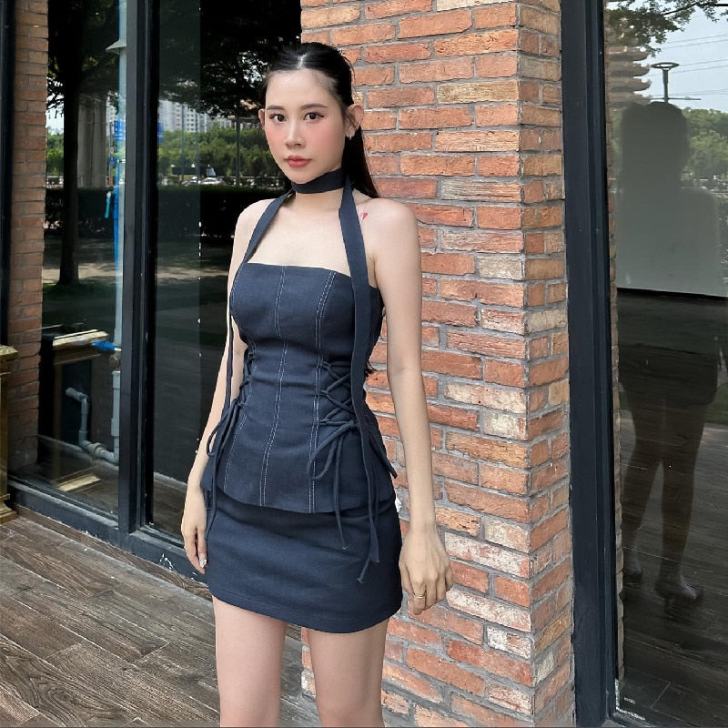 maoxiangshop Women Formal Occasions Two Piece Set Sexy Side Cross Bandage Solid Tube Tank Top With Skinny Slim Skirt Summer New