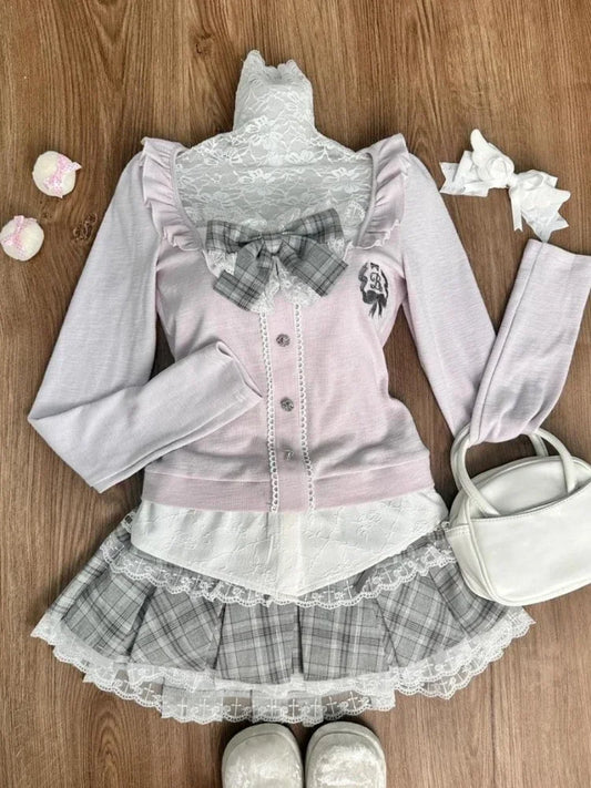 maoxiangshop  -  Autumn Winter Chic Solid 2-piece Set Women Korean Fashion Long Sleeve Slim Square Neck Tops + Elastic Waist Plaid Skirt Suit New
