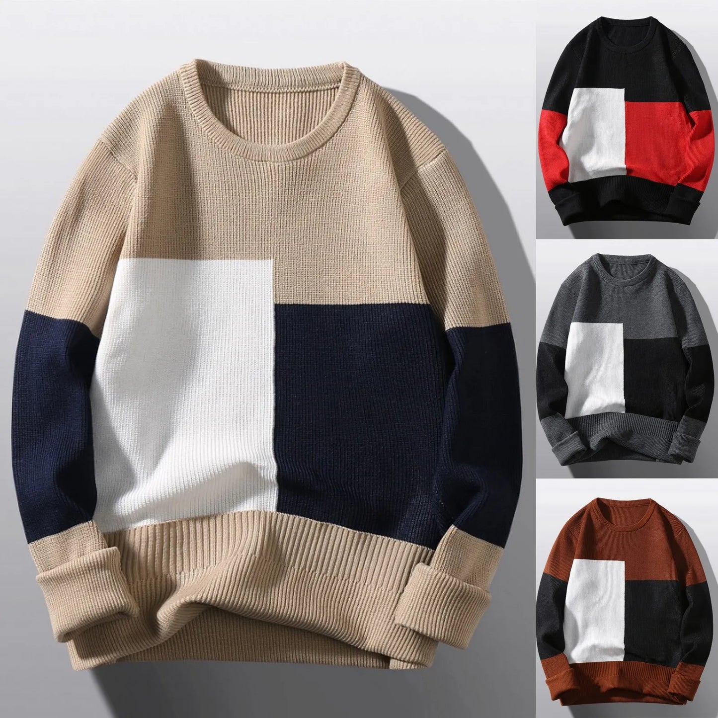 maoxiangshop Men's Sweater Korean Fashion Color Block O Neck Pullover Sweaters Oversize Bottom Knitting Blouse Knitted свитер мужской