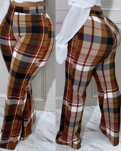 maoxiangshop Women's Pants Autumn Fashion Plaid Print Casual High Waist Daily Long Pants