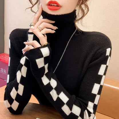 maoxiangshop Knitted Women's Autumn Winter New Korean Version Temperament Versatile Long-sleeved TopTurtleneck Plaid Undershirt Sweater