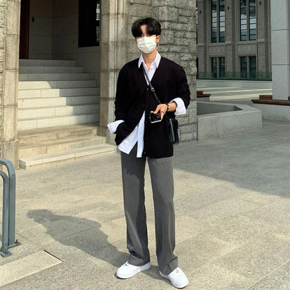 maoxiangshop Black Gray Suit Pants Men Fashionable Social Mens Dress Pants Korean Loose Casual Straight Trousers Mens Office Formal Pants