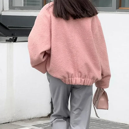 maoxiangshop  -  Woman's Oversized Bomber Jacket Autumn Round Neck Long Sleeve Pocket Hidden Button Loose Jackets Coat Female Outerwear