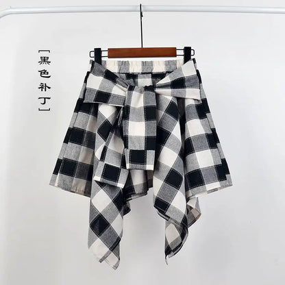 maoxiangshop Summer Casual Retro Irregular Women Skirt Bow-knot Elastic Waist Shirt Style Blue White Lattice Mini A-line Shortskirt Female