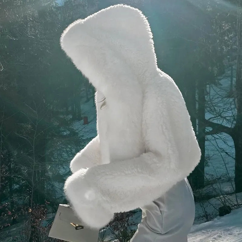 maoxiangshop  -  Winter Women's White Short Faux Fur Coat Fashion Y2K Hoodie Jacket Long Sleeve Thick Warm Fluffy Fur Coat Female Outfits