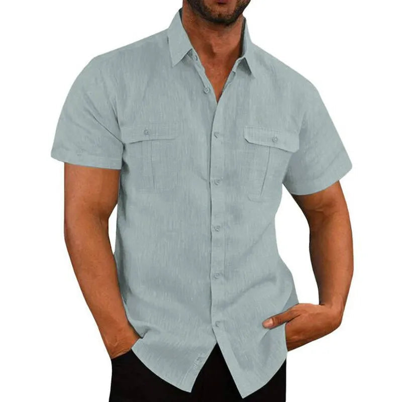 maoxiangshop Summer Cotton Linen Casual Shirts Men Short Sleeve Solid Color Turn Down Collar Shirt Mens Breathable Beach Style Blouse 5XL