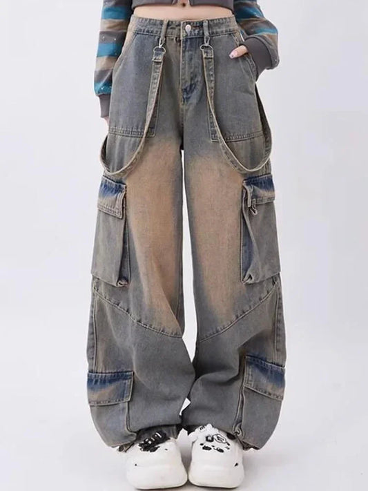 Y2K Emo Korean Acubi Vintage Cargo Baggy Jeans Grunge Aesthetic Denim Wide Leg Pants Straight Trousers Women Oversize Clothes