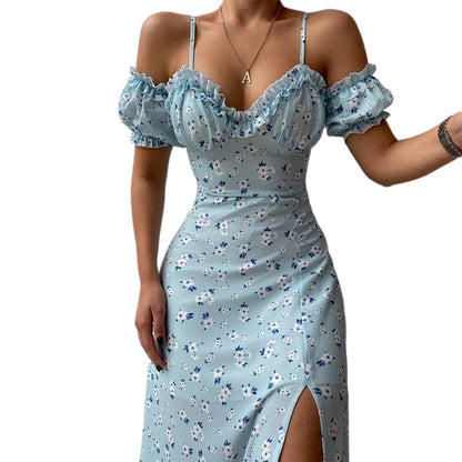 V Neck Lantern Sleeve Side Slit Dresses Women's Elegant New Sexy Slim Mid-length Skirts Floral French Suspender Dress Vestidos