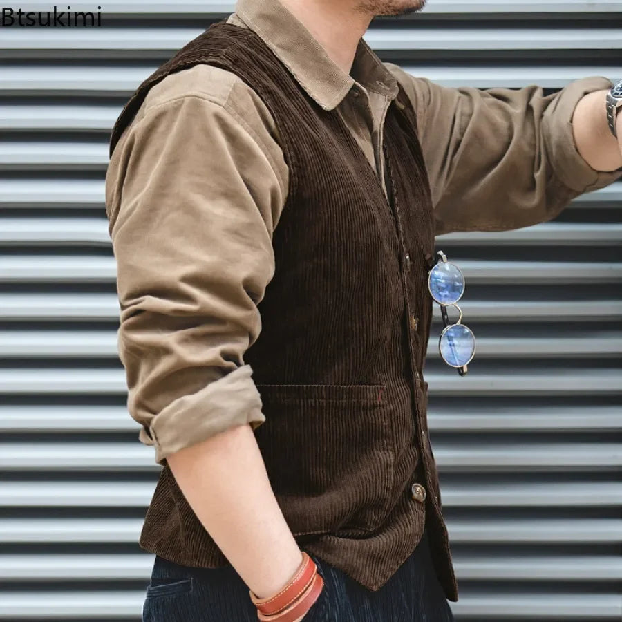 maoxiangshop New Men's Retro Tooling Waistcoat Corduroy Vests Fashion Casual Versatile Vest Jackets V-Neck Gentleman Business Men's Tank Tops