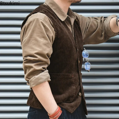 maoxiangshop New Men's Retro Tooling Waistcoat Corduroy Vests Fashion Casual Versatile Vest Jackets V-Neck Gentleman Business Men's Tank Tops