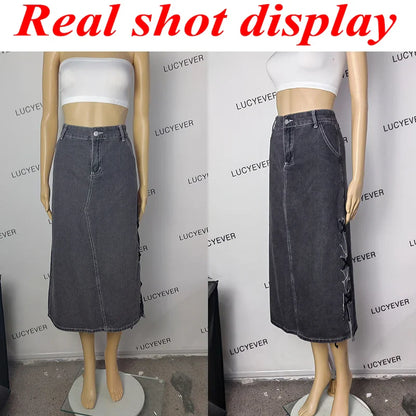 Vintage Gray Denim Skirts Woman Y2K Streetwear Lace Up Design Side Split Skirts Korean Chic High Wiast Long Skirt Women