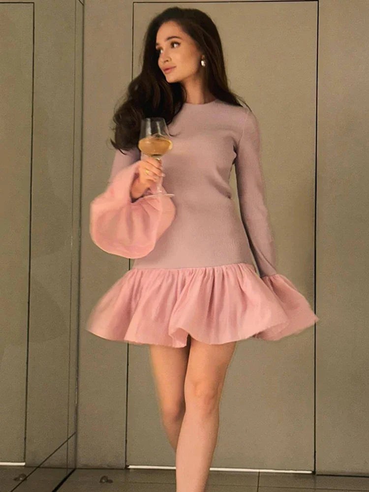 maoxiangshop  -  Knitted Mini Dress Female Long Sleeves Gown Flare Sleeves Spliced Autumn Winter Dress A-Line Sweet Bodycon Women Clothes